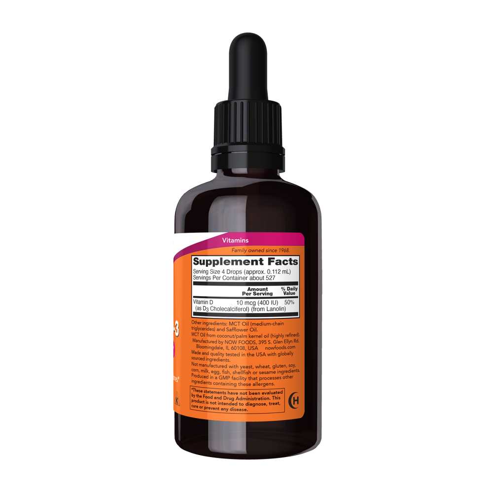 Now Foods Liquid Vitamin D-3 – 400 Iu per 4 Drops – Bone Upport – 2 Fl Oz thumbnail 2