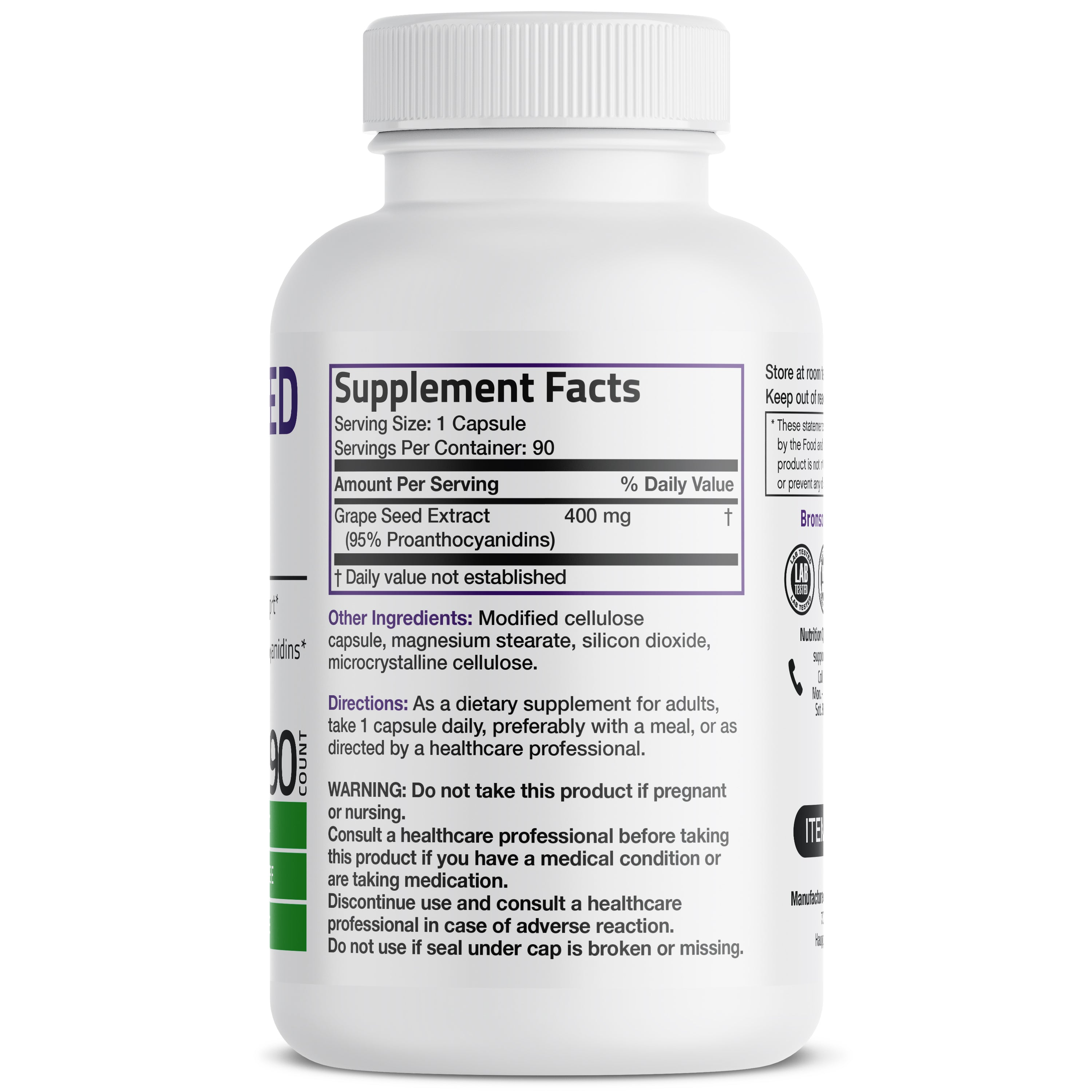 Bronson Vitamins Grape Seed Extract Non-Gmo - 400 Mg 90 Caps thumbnail 3