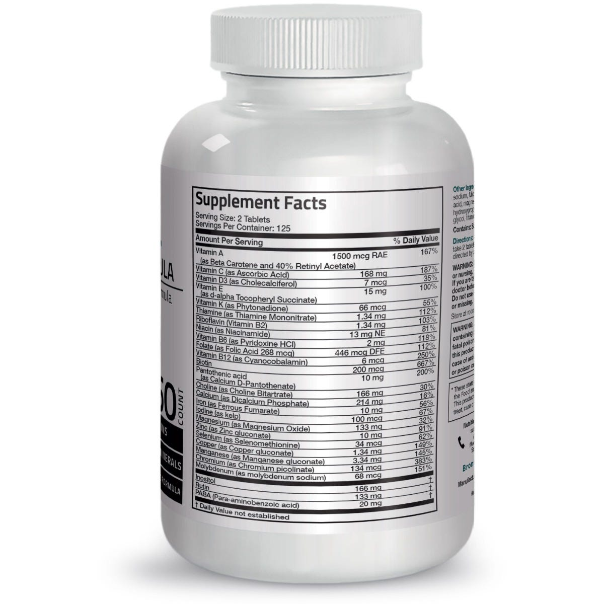 Bronson Vitamins Vitamin & Mineral Insurance Formula - 250 Tablets thumbnail 2