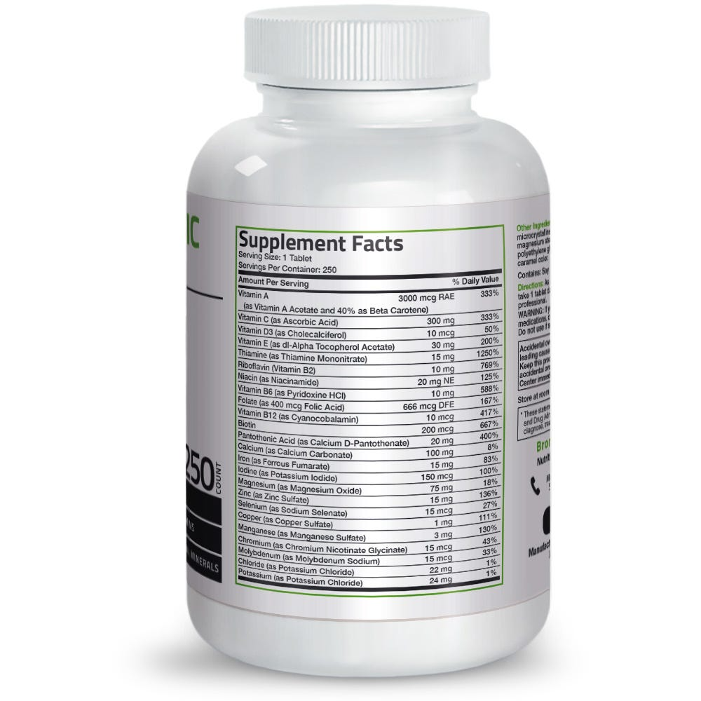 Bronson Vitamins Therapeutic Formula Once Daily Multivitamin - 250 Tablets thumbnail 2