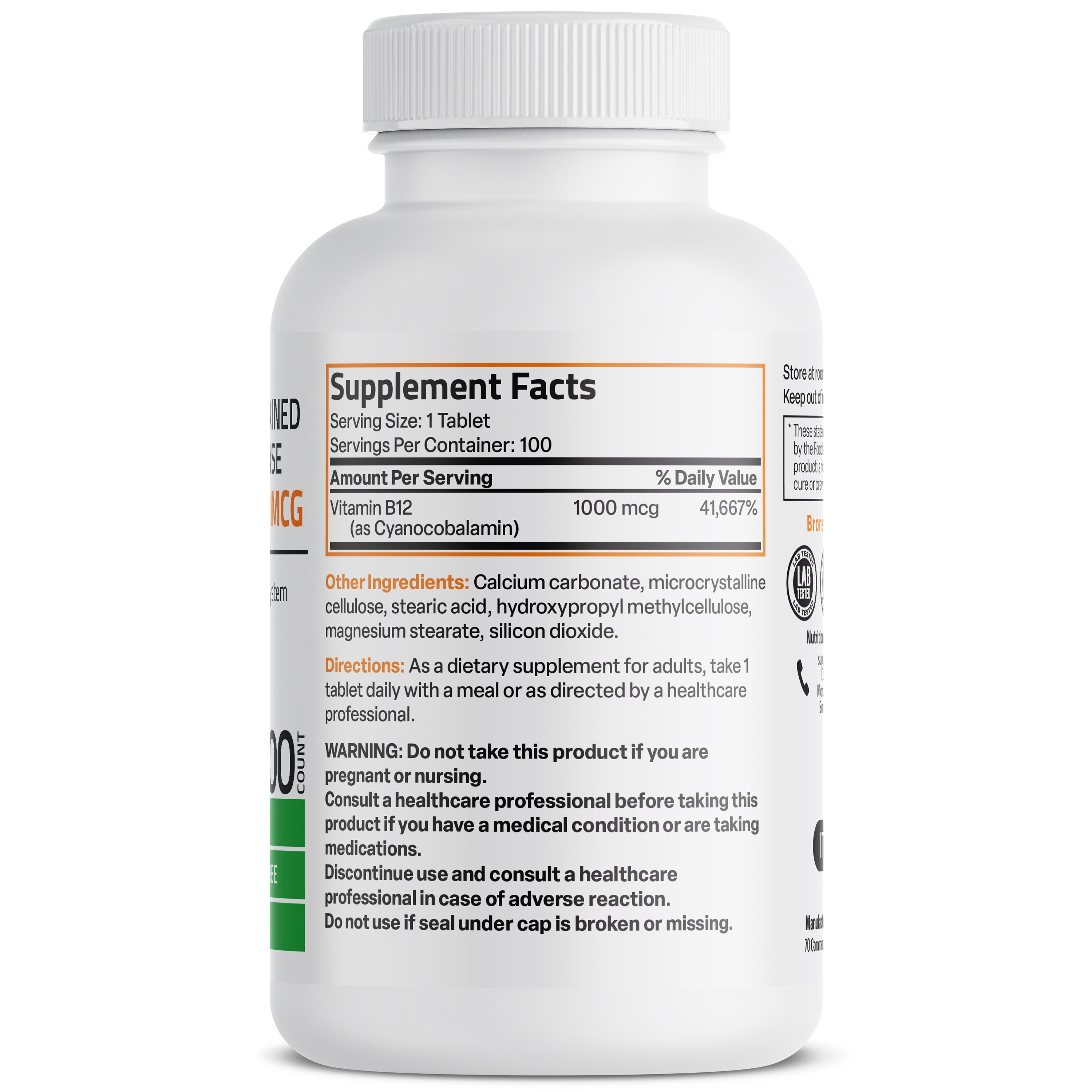 Bronson Vitamins Vitamin B12 Sustained Release Non-Gmo - 1,000 Mcg 100 Tabs thumbnail 2