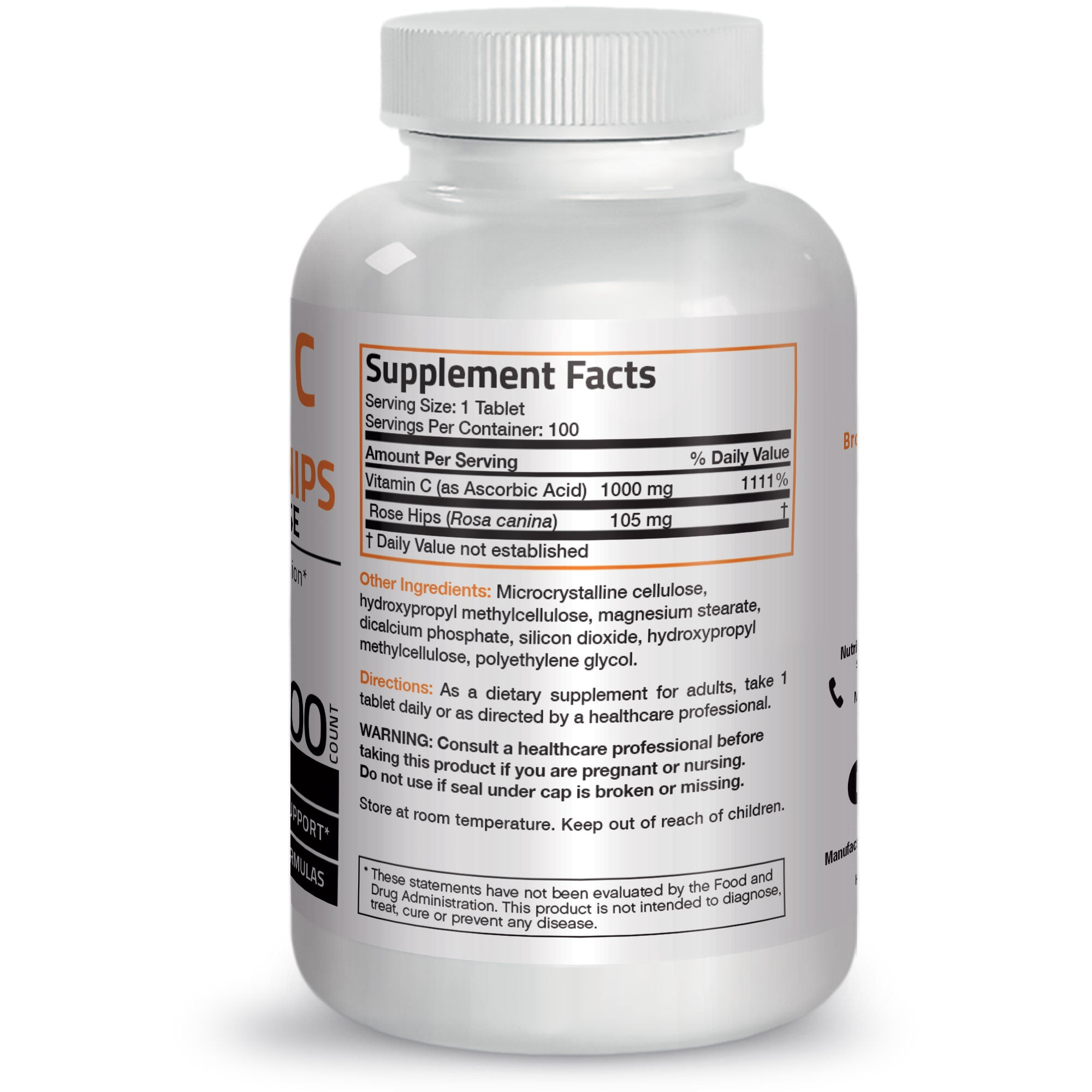 Bronson Vitamins Vitamin C Ascorbic Acid Sustained Release with Rose Hips - 1,000 Mg 100 Tabs thumbnail 2