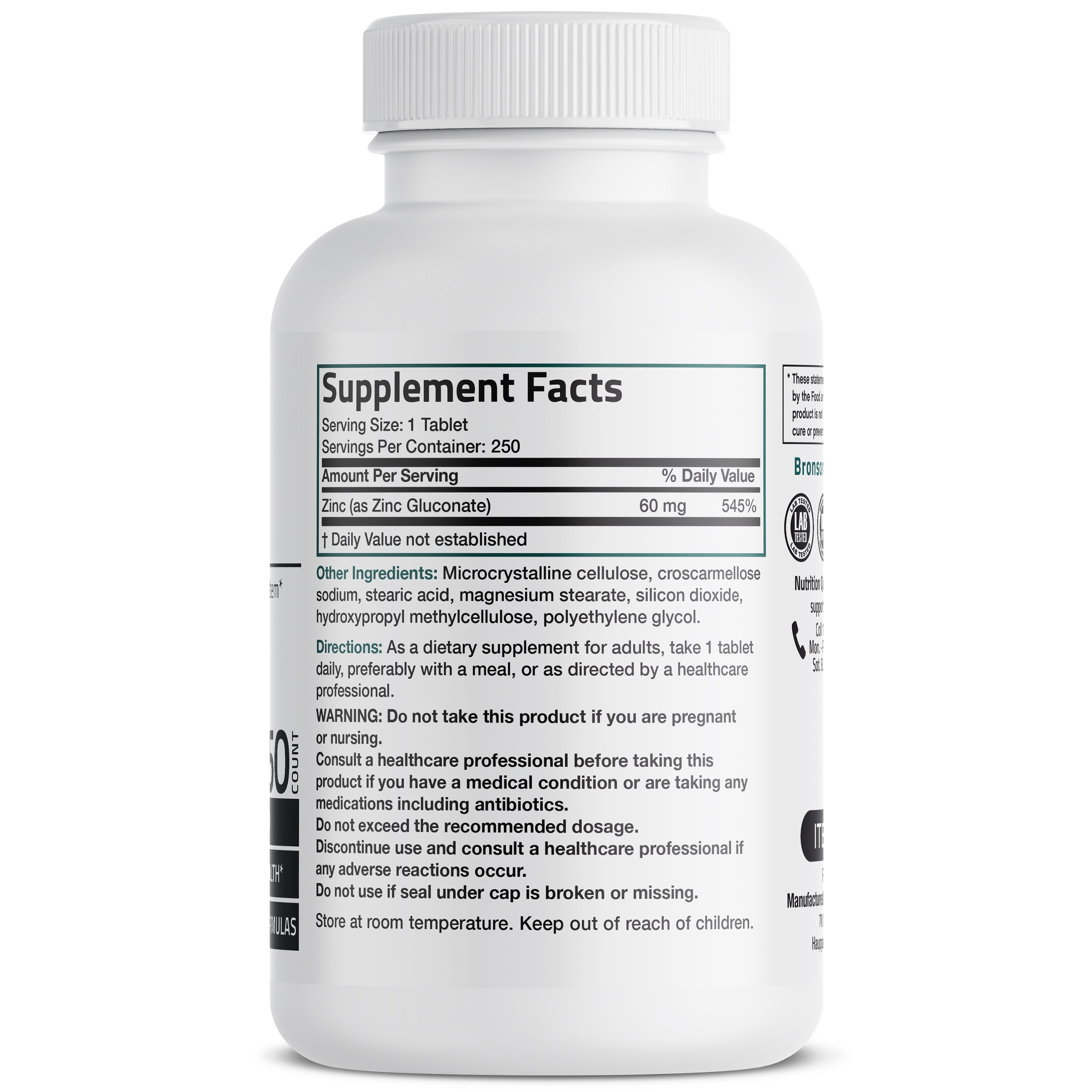 Bronson Vitamins Zinc Gluconate - 60 Mg - 250 Tablets thumbnail 2