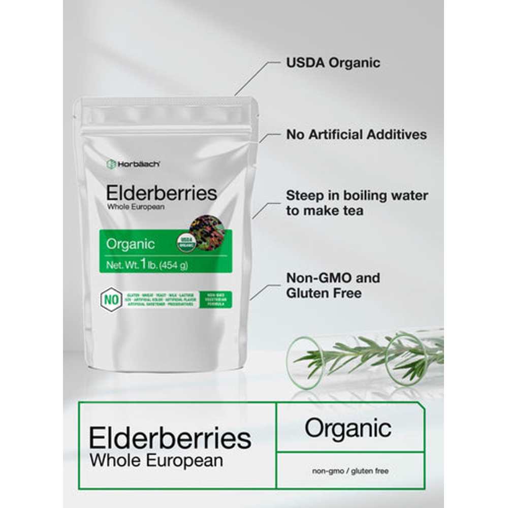 Horbäach Whole Dried Organic Elderberries | 1 Lb Bag thumbnail 2