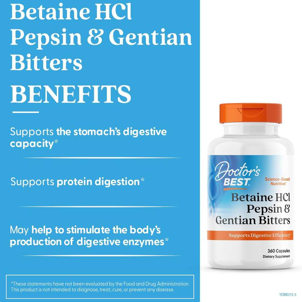 Doctor's Best Betaine H Cl, Pepsin and Gentian Bitters, 360 Capsules thumbnail 2