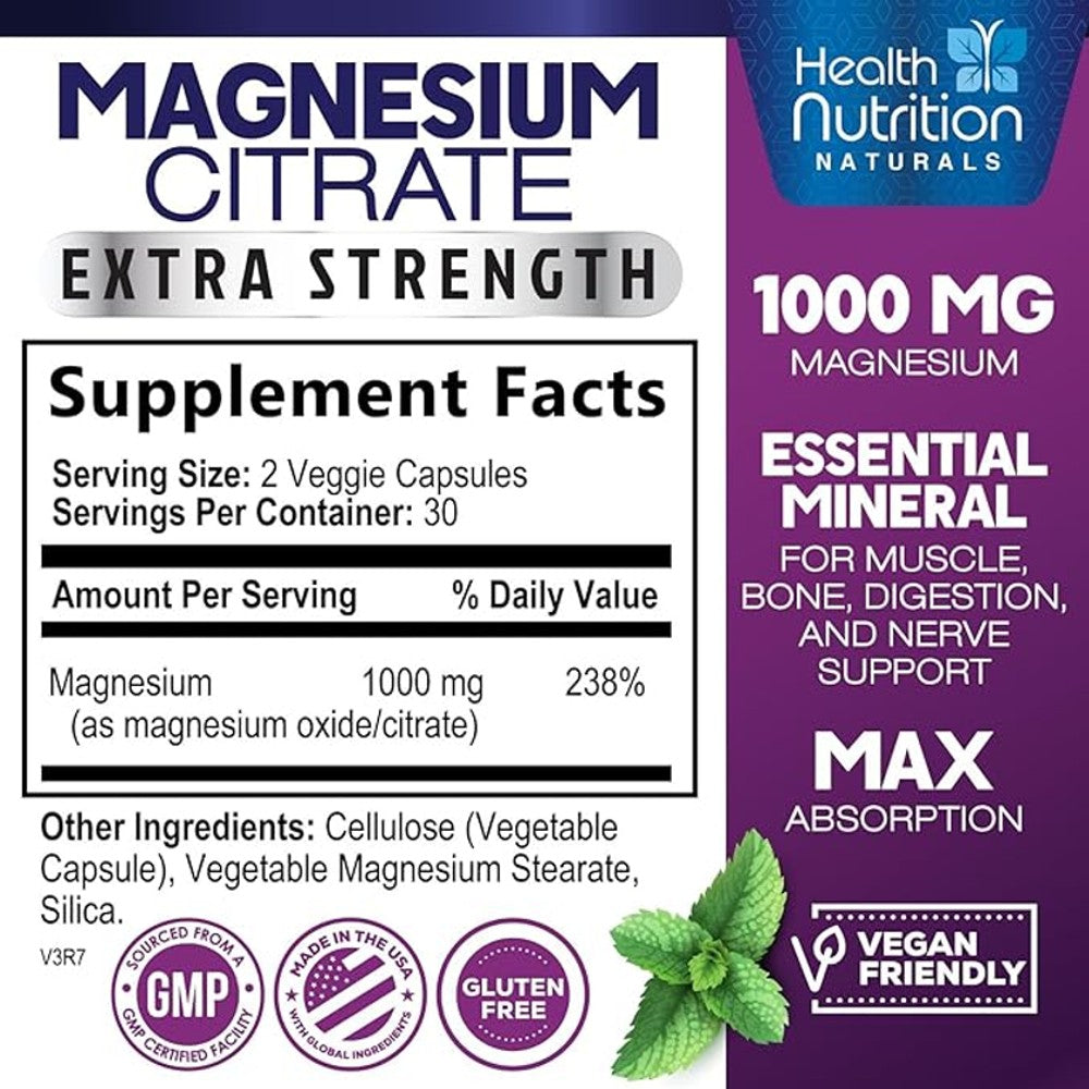 Health Nutrition Naturals Magnesium Citrate 1000mg – 60 Vegan Capsules thumbnail 2