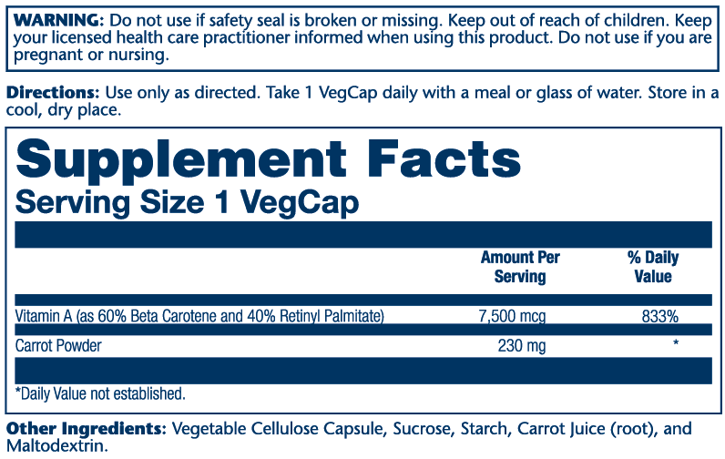 Solaray Vitamin A, Dry Form 7500mcg 60 Caps thumbnail 2