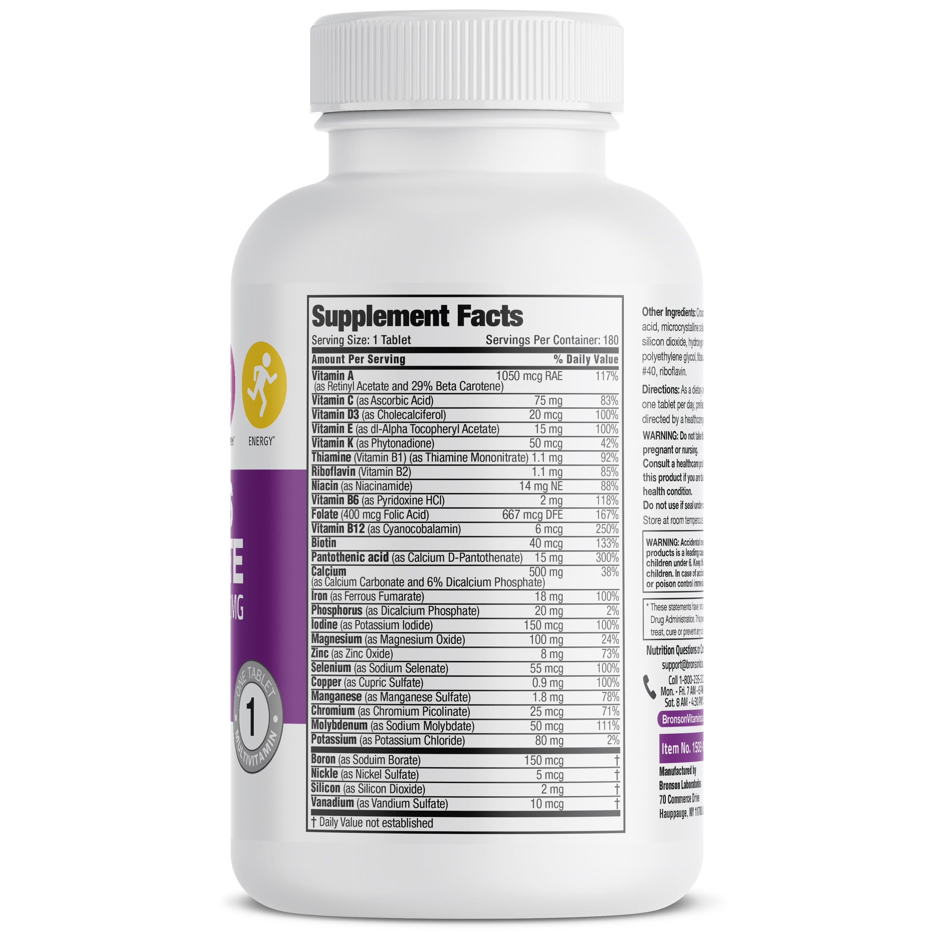 Bronson Vitamins Bronson One™ Women's Complete Multi Vitamin Multi Mineral - 180 Tablets thumbnail 2