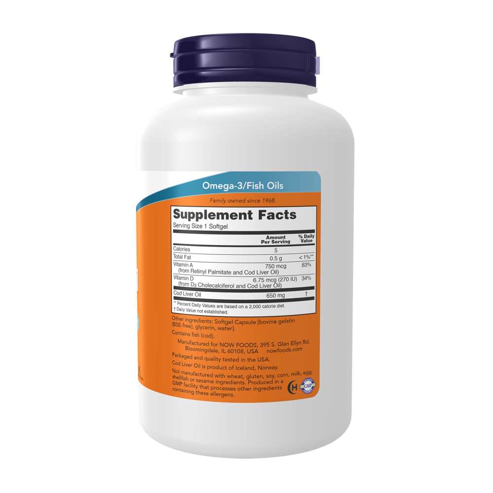 Now Foods Cod Liver Oil 650 Mg – 250 Softgels – Vitamins a & D3 thumbnail 2