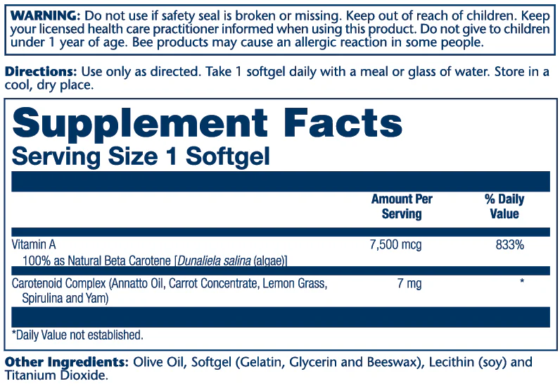 Solaray Food Carotene, Vitamin a As Beta Carotene 7500mcg 50 Softgels thumbnail 2