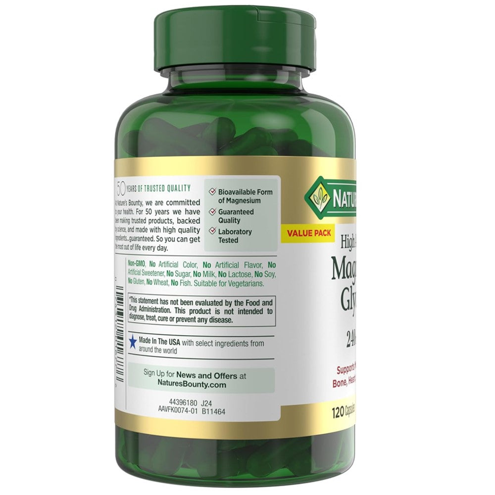 Magnesium Glycinate – Nature's Bounty 240MG Relaxation and Bone, Heart & Nerve Health – Non-GMO, Gluten-Free thumbnail 4