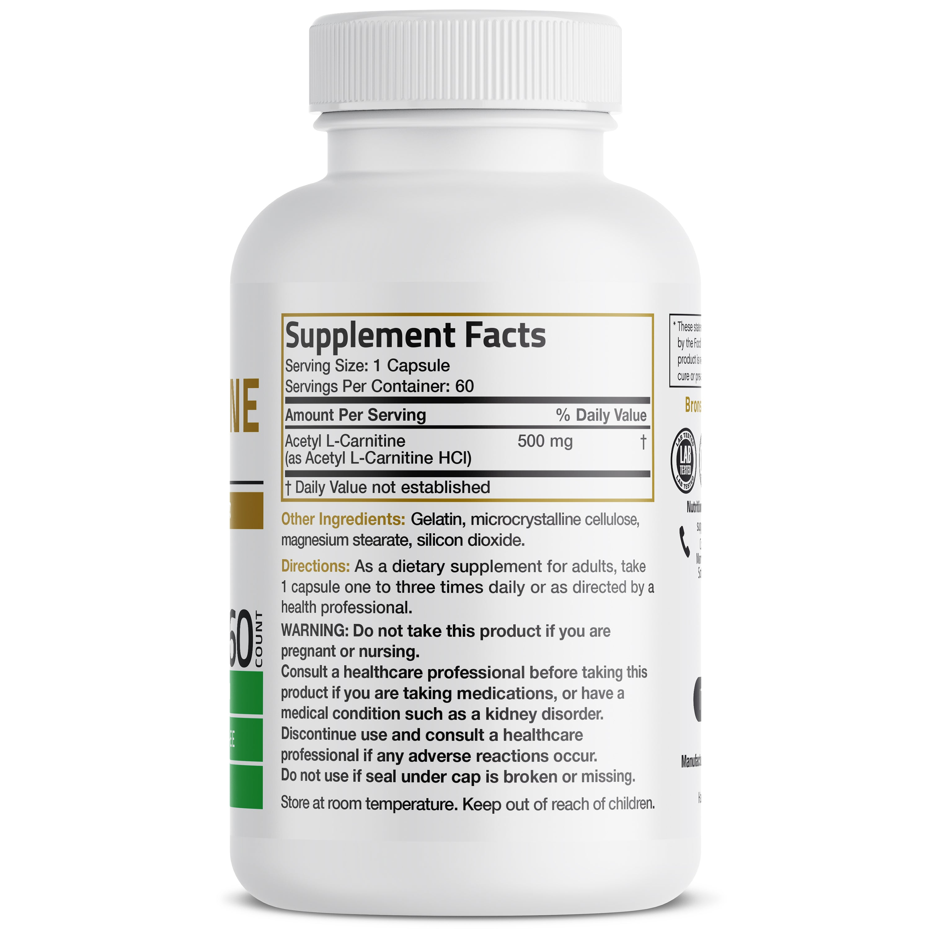 Bronson Vitamins Acetyl L-Carnitine - 500 Mg 60 Caps thumbnail 2