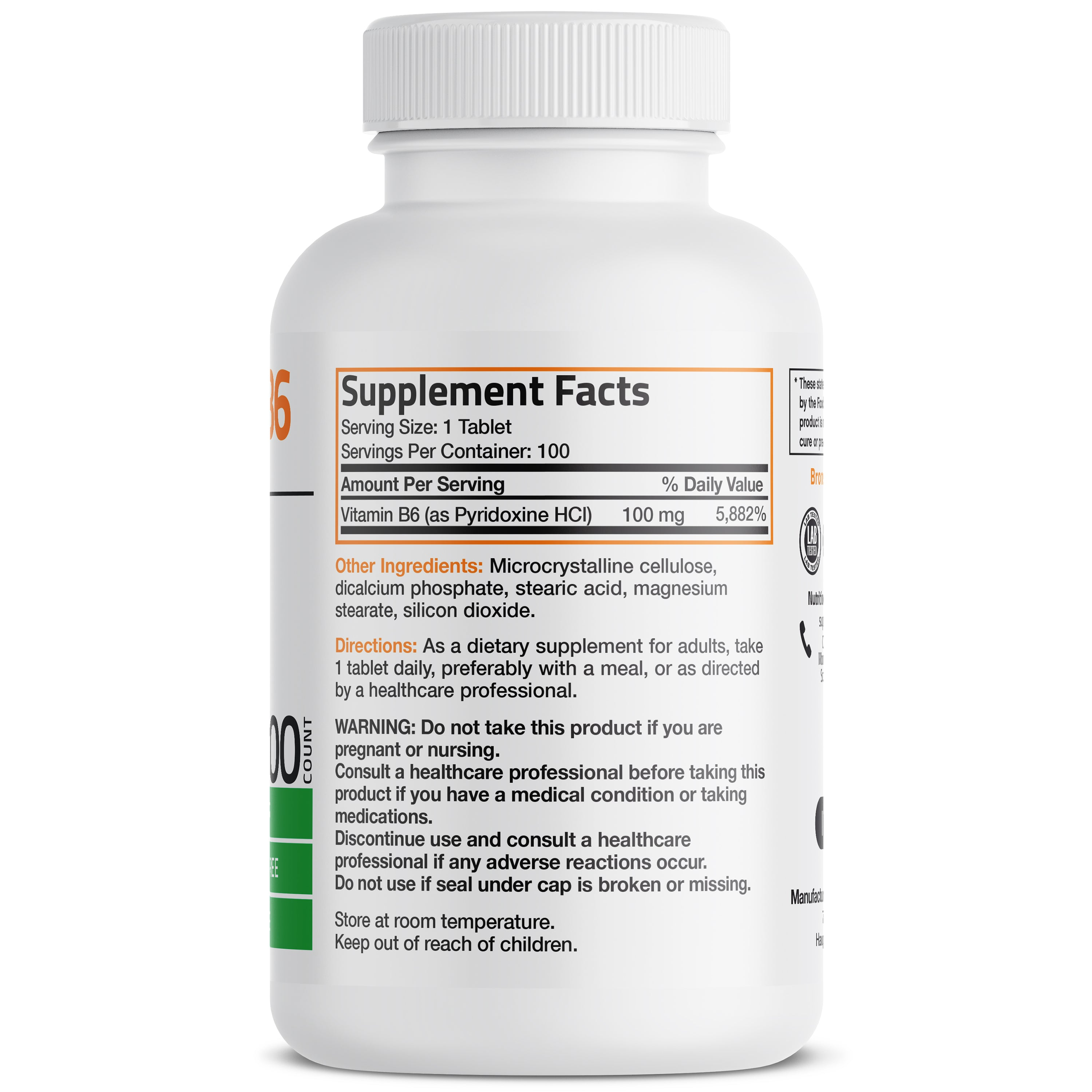Bronson Vitamins Vitamin B6 Pyridoxine - 100 mg 100 tabs thumbnail 2