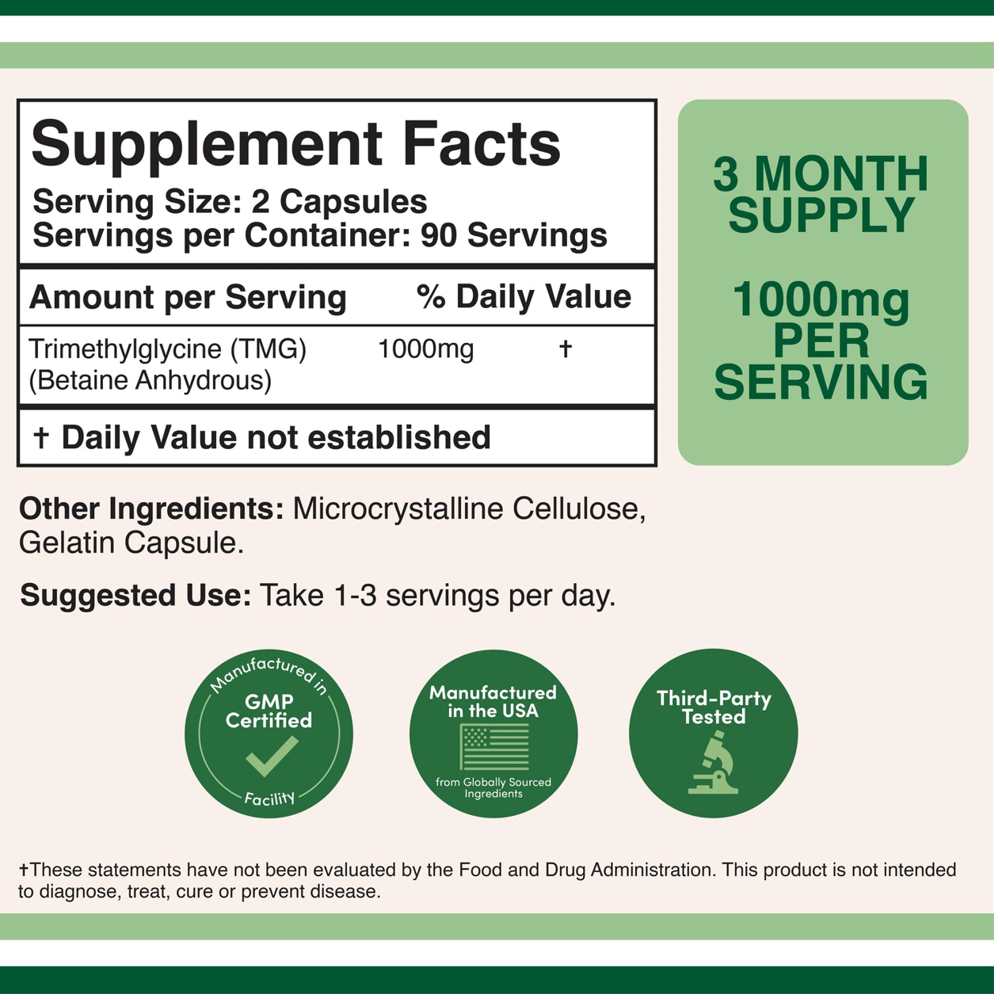 Double Wood Tmg Trimethylglycine – 1000 Mg – 180 Capsules thumbnail 2