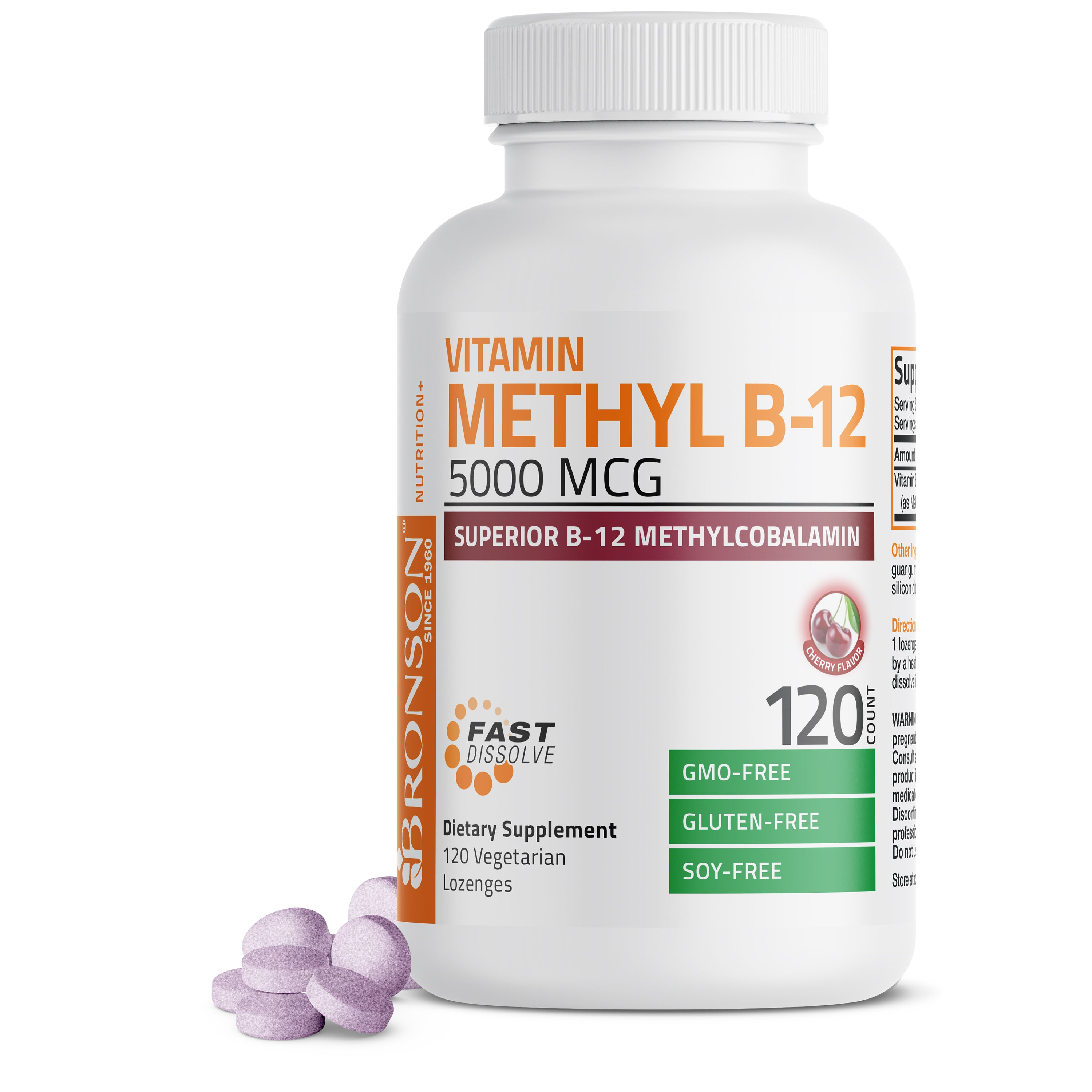 Bronson Vitamins Methyl B12 Fast Dissolve Sublingual - Cherry - 5,000 mcg 60 Lozenges thumbnail 2