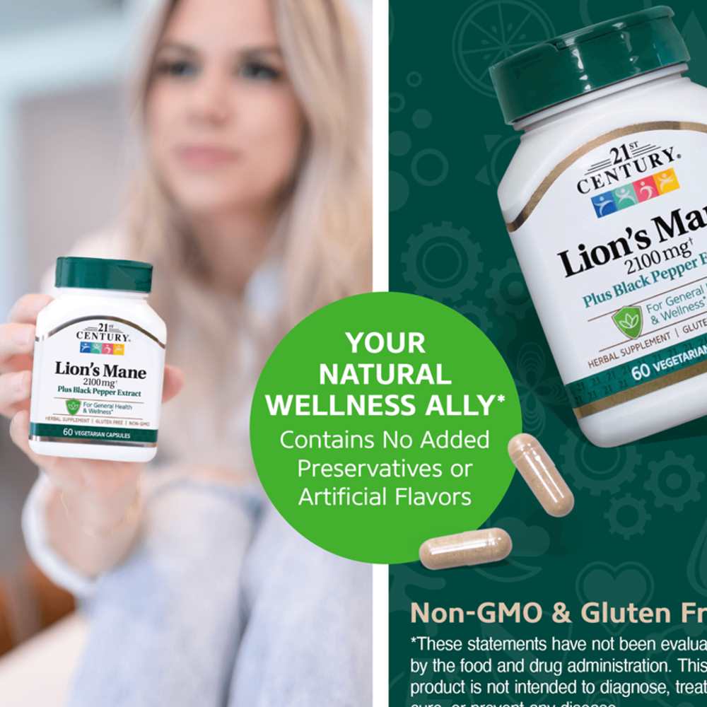 21st Century Lion's Mane 2100 Mg Plus Black Pepper Extract 60 Caps thumbnail 2