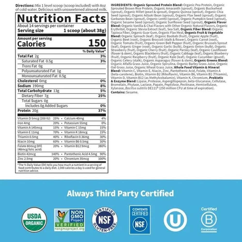 Garden of Life Raw Organic Meal Vanilla Spiced Chai Powder 454g thumbnail 2