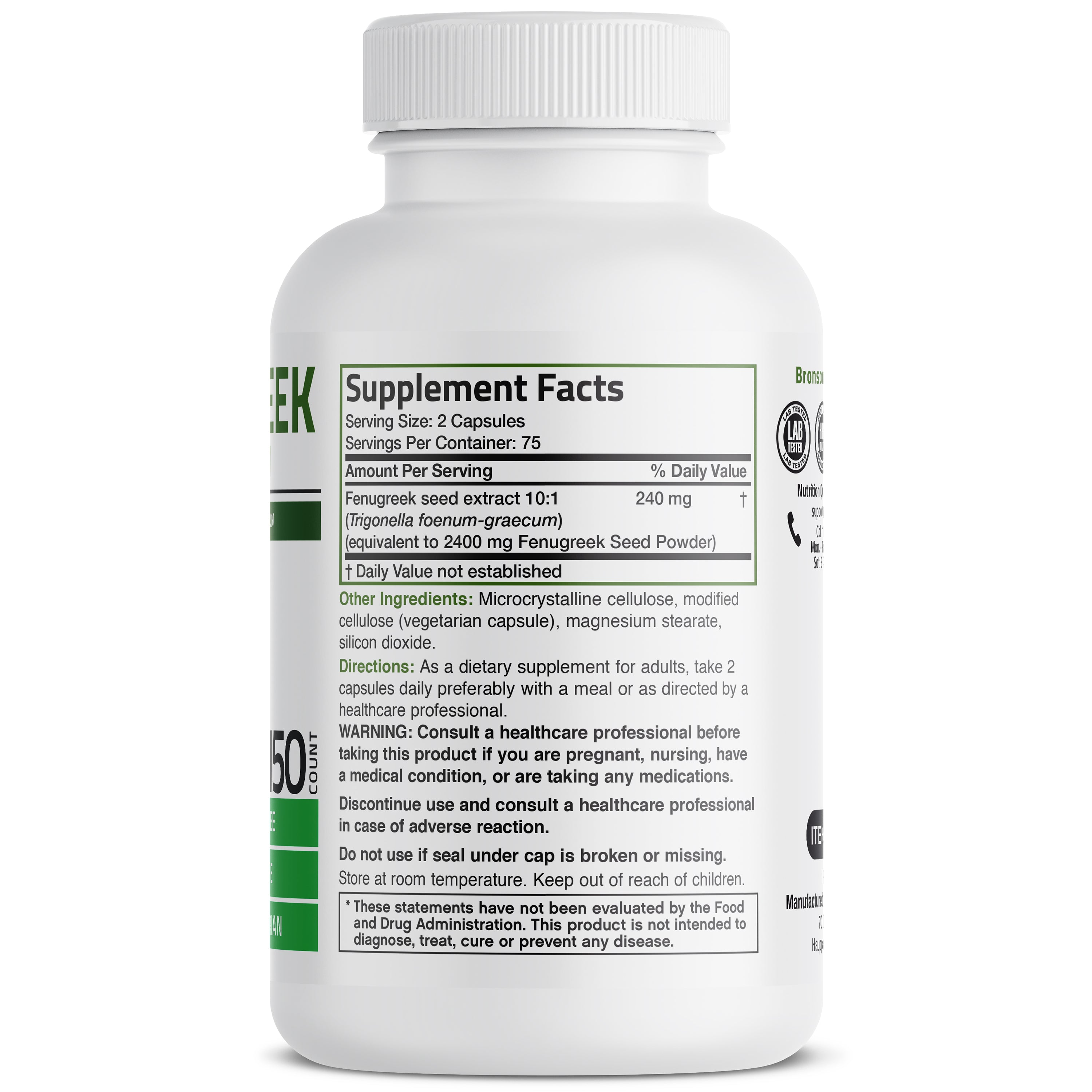 Bronson Vitamins Fenugreek Extra Strength 2400 Mg 150 Caps thumbnail 3