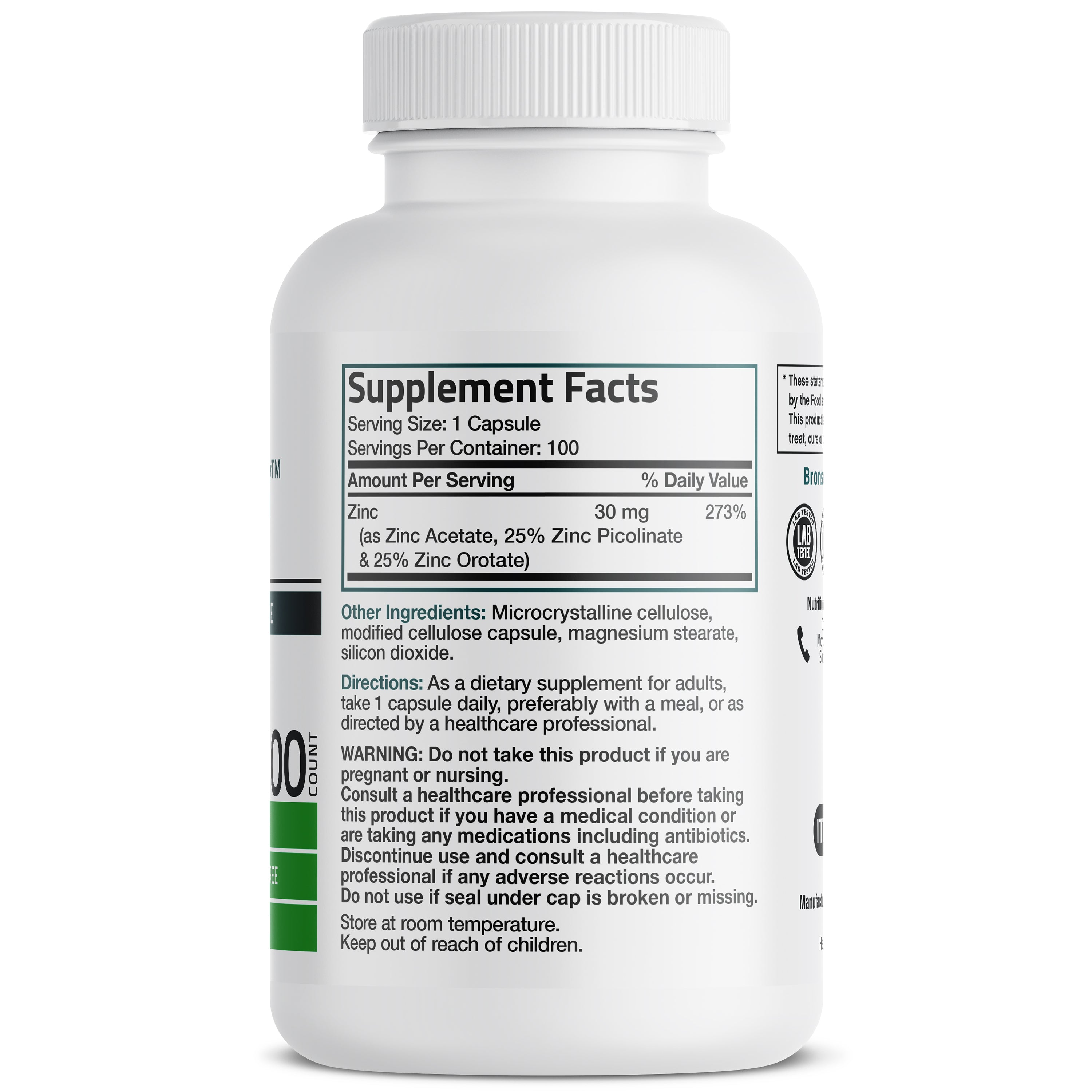 Bronson Vitamins Zinc Triple Play - 30 Mg 100 Caps thumbnail 2
