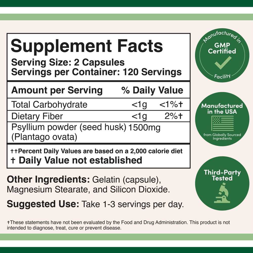 Double Wood Psyllium Husk – 1,500mg Fiber Supplement for Digestive Health | 240 Capsules thumbnail 2