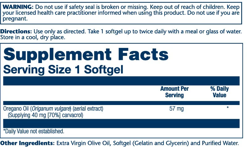 Solaray Oregano Oil 70% Carvacrol, 57mg 60 Softgels thumbnail 2