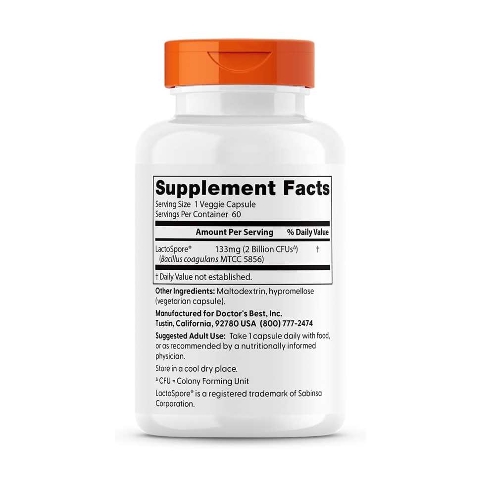 Doctor's Best Digestive Health, Probiotic with Lacto Spore, 2 Billion, 60 Veggie Caps thumbnail 2