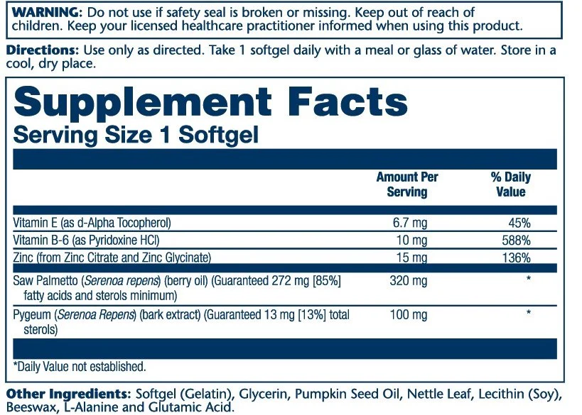 Solaray Saw Palmetto & Pygeum with Zinc & Vitamin E 30 Softgels thumbnail 2