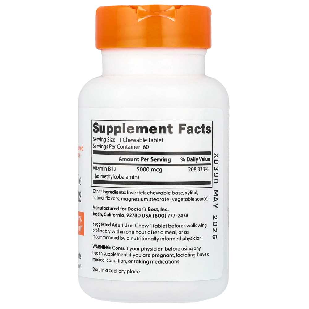 Doctor's Best Chewable Fully Active B12, Mixed Berries , 5,000 Mcg, 60 Tablets thumbnail 2
