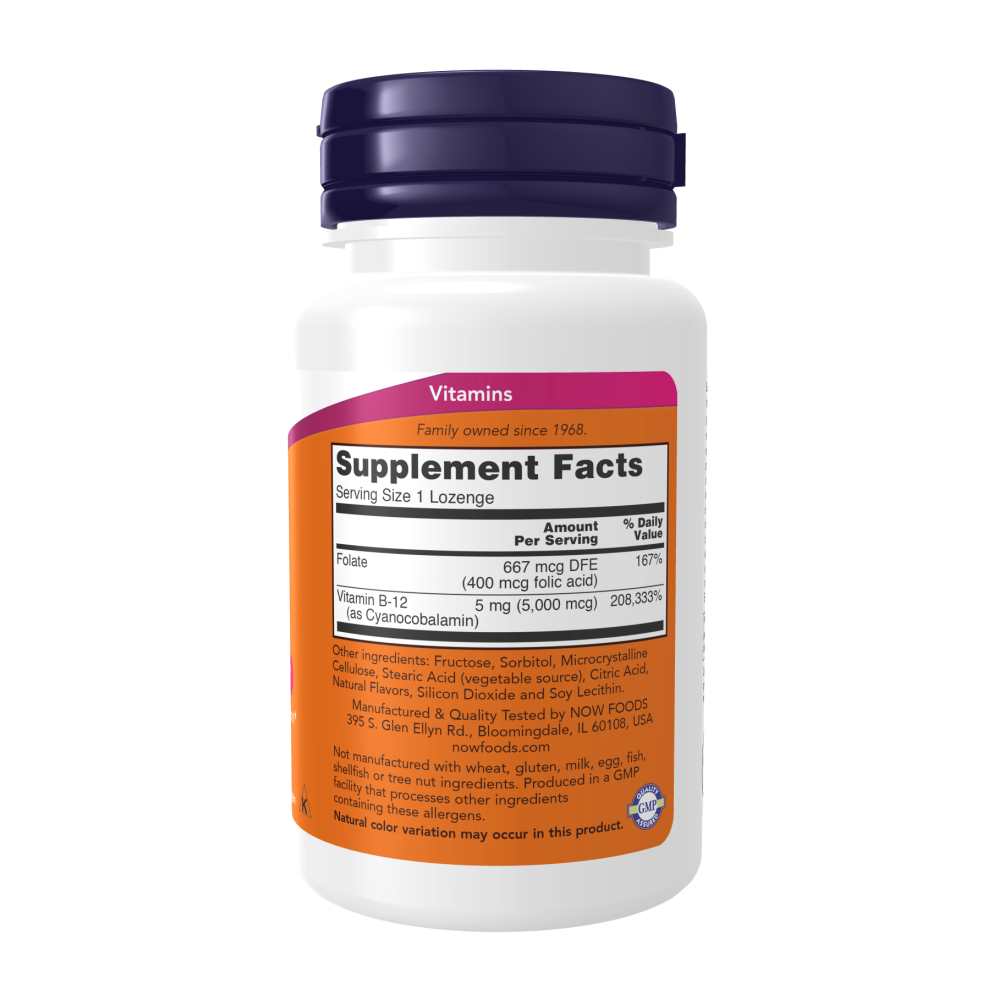 Now Foods B-12 5000 Mcg with Folic Acid – Energy & Nerve Support – 60 Lozenges thumbnail 2