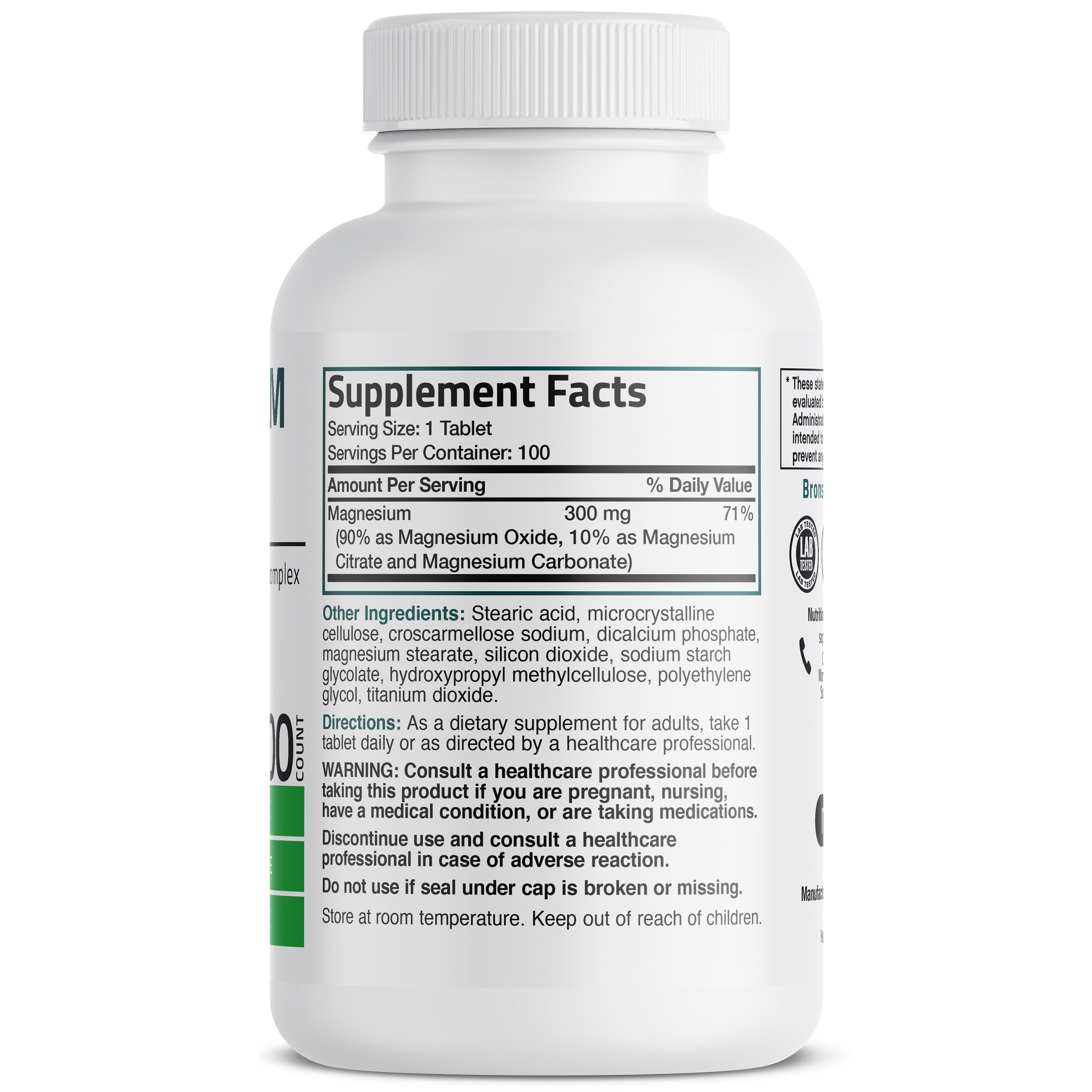 Bronson Vitamins Magnesium Complex Maximum Coverage - 300 Mg 100 Tabs thumbnail 2