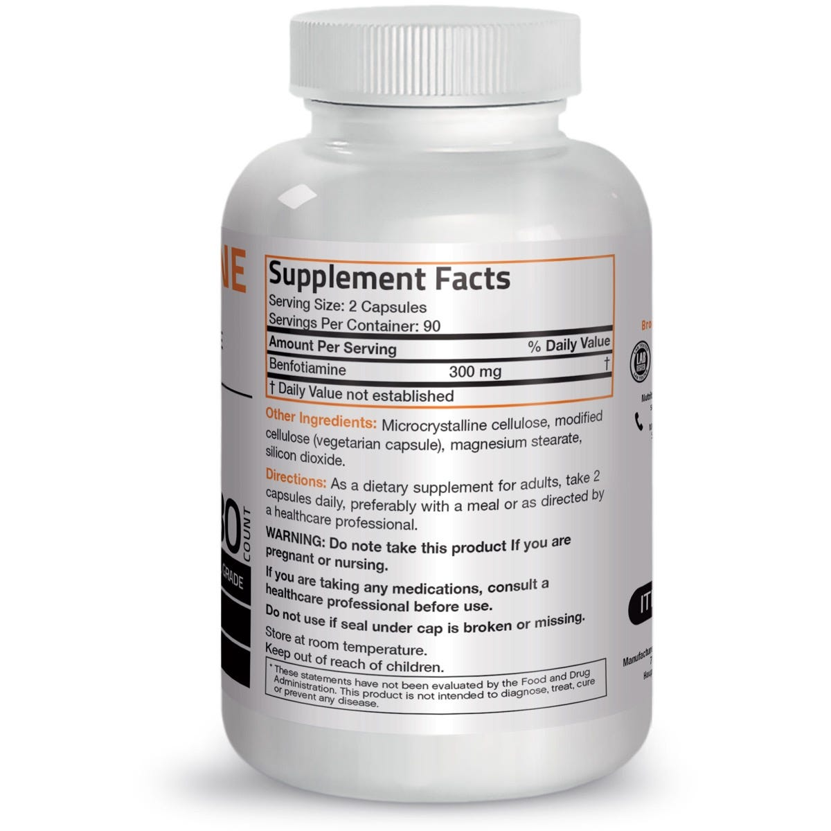 Bronson Vitamins Vegetarian Benfotiamine Vitamin B1 Thiamine - 300 Mg - 180 Vegetarian Capsules thumbnail 2