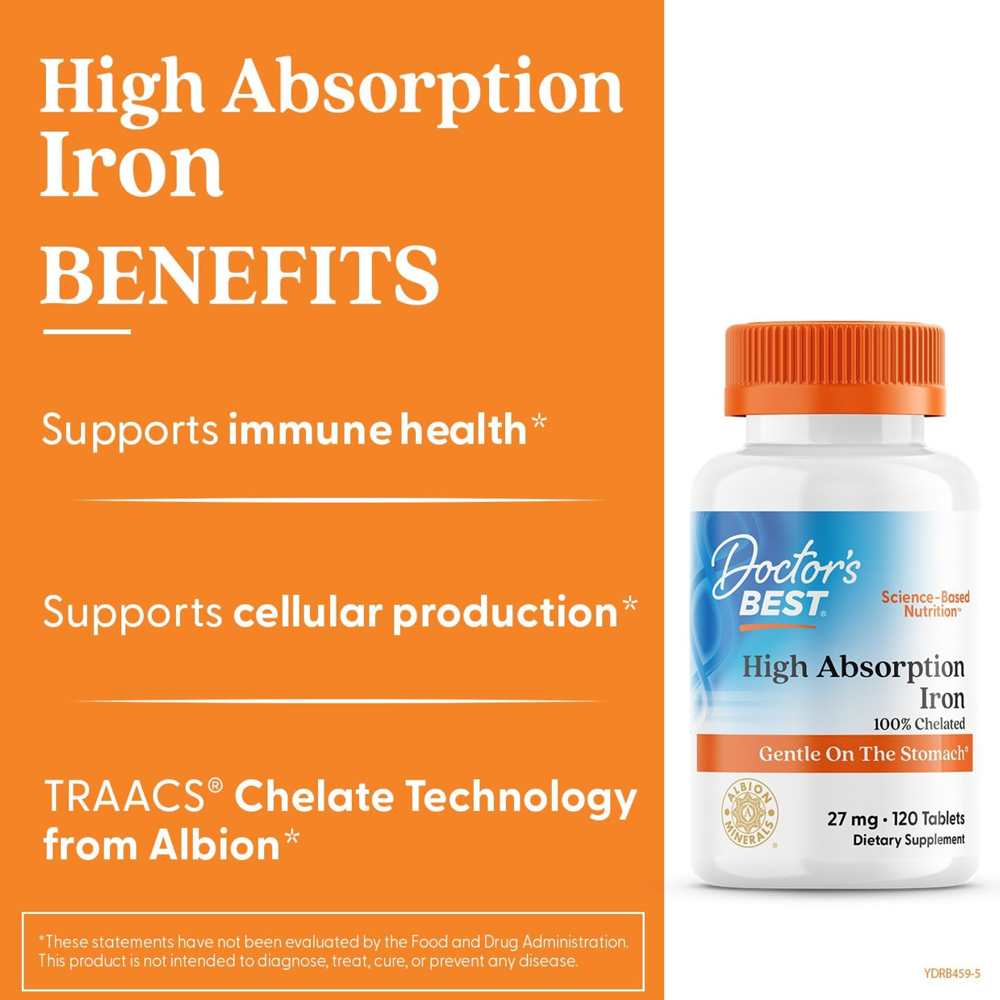 Doctor's Best High Absorption Iron with Ferrochel, 27 Mg, 120 Tablets thumbnail 2