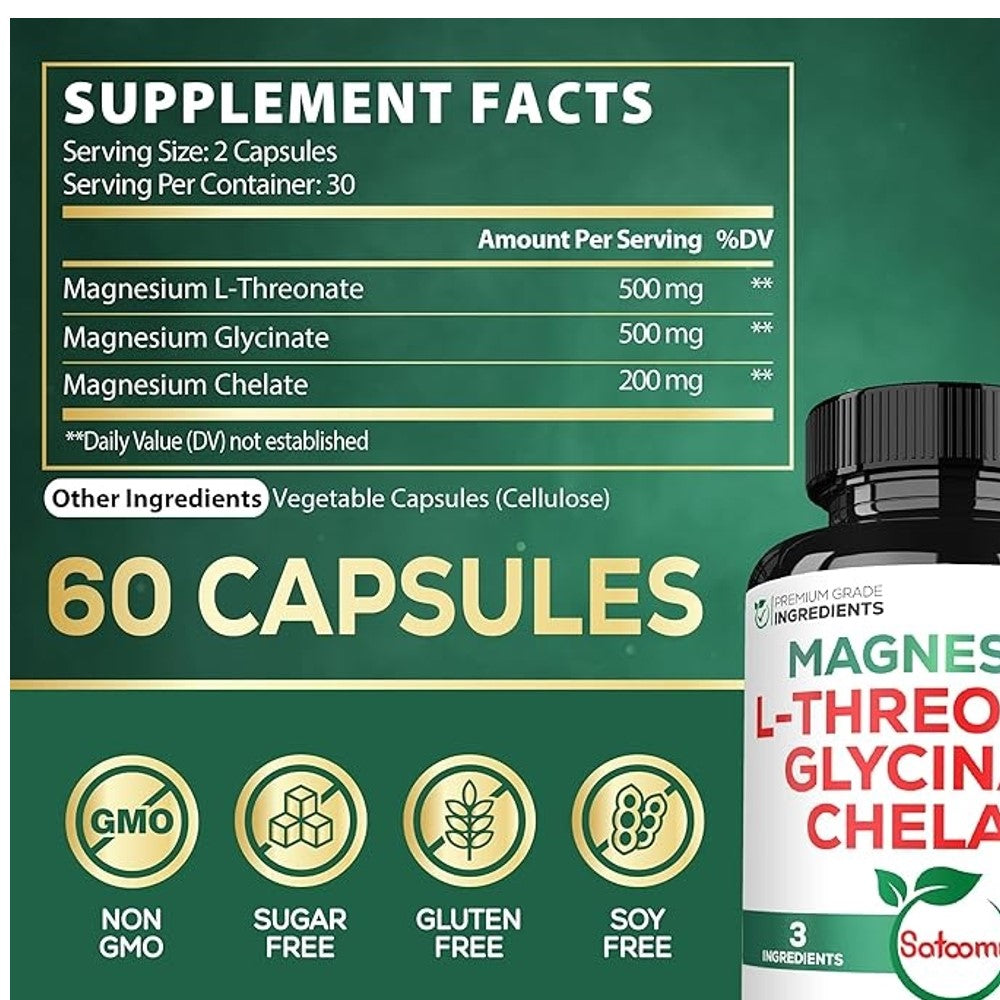 3 In 1 1200mg Magnesium L-Threonate Supplement with Magnesium Glycinate & Magnesium Chelate thumbnail 2
