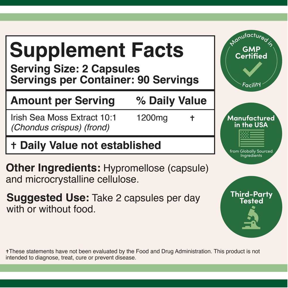 Double Wood Irish Sea Moss 1200mg – 180 Capsules thumbnail 2