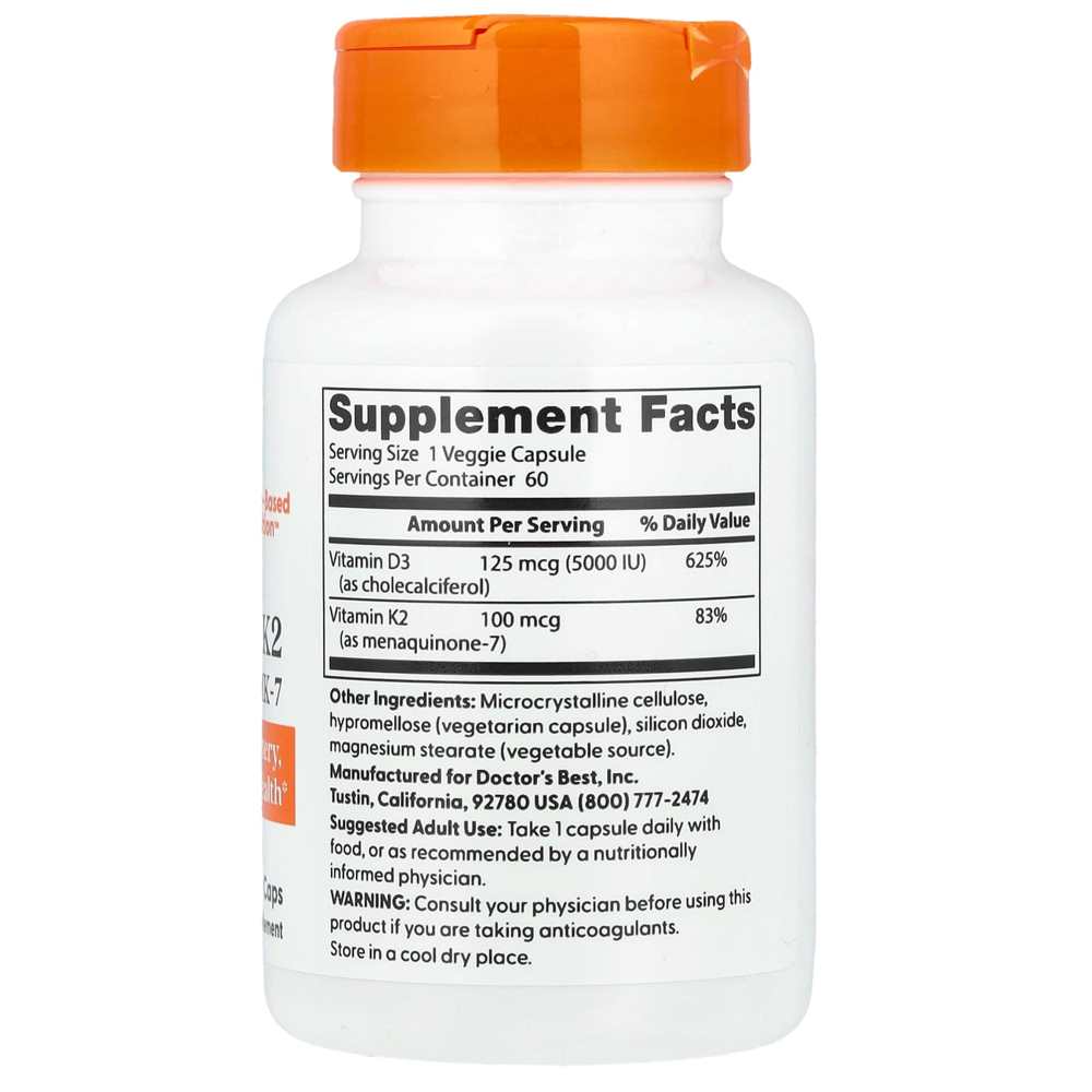 Doctor's Best Vitamin D3 + K2 Mk-7 Veggie Caps 60 Count thumbnail 2