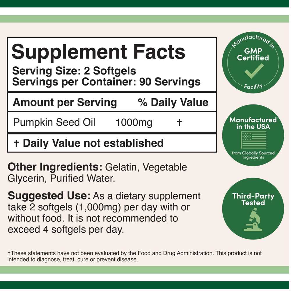 Double Wood Pumpkin Seed Oil – 1000mg Cold-Pressed Formula for Cardiovascular & Hair Health | 180 Softgels thumbnail 2