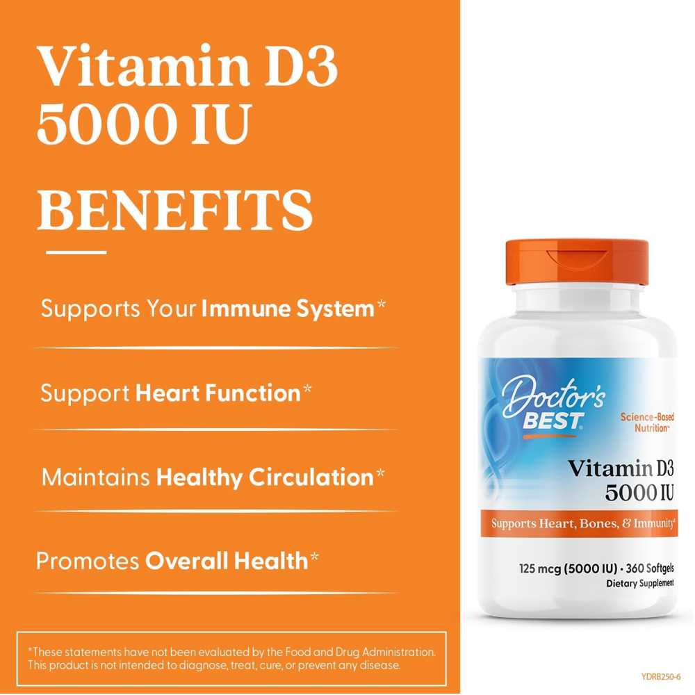 Doctor's Best Vitamin D3 125mcg (5000 Iu) Softgels 360 Count thumbnail 2