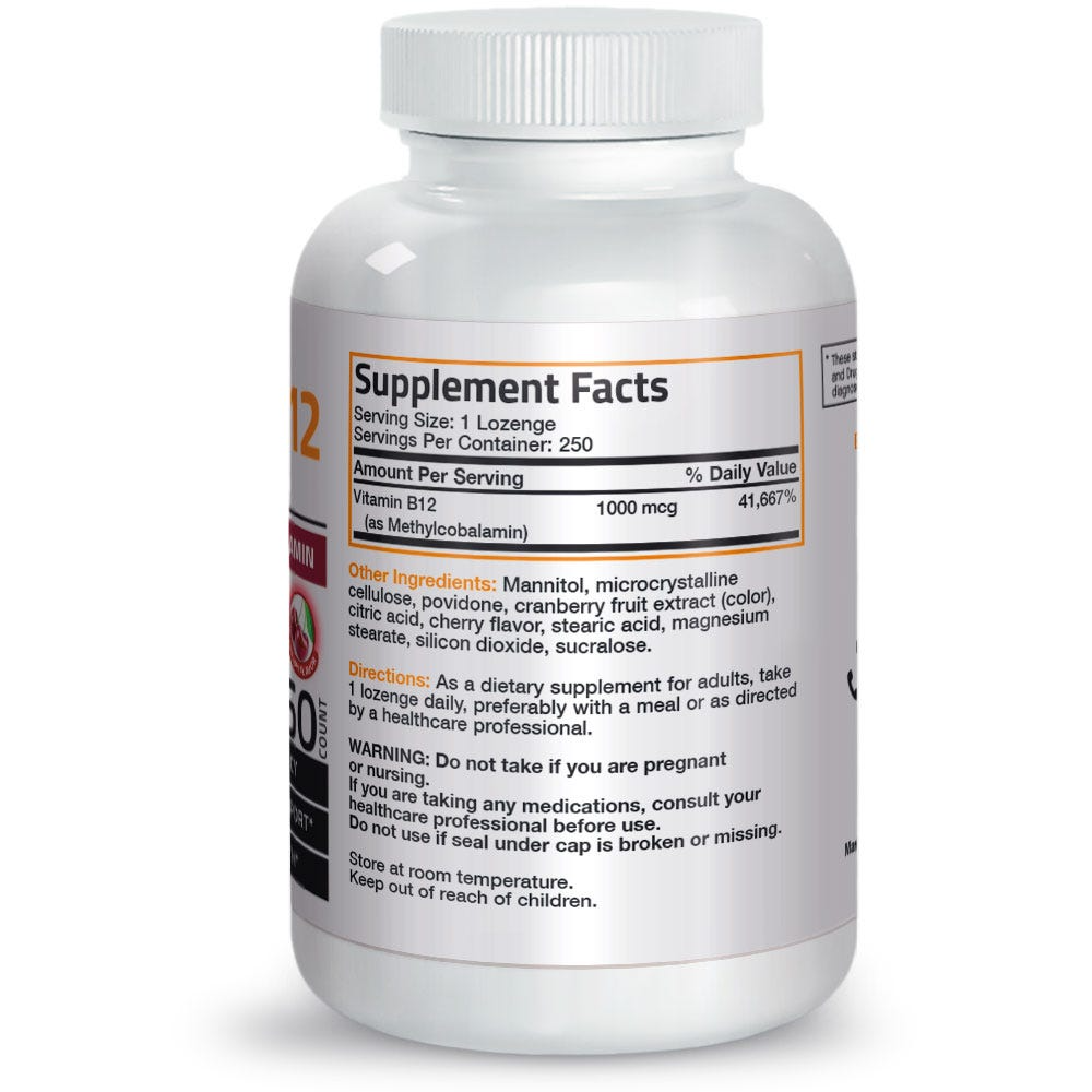 Bronson Vitamins Vitamin B12 Quick Release Sublingual - Cherry - 1,000 Mcg - 250 Vegetarian Lozenges thumbnail 2