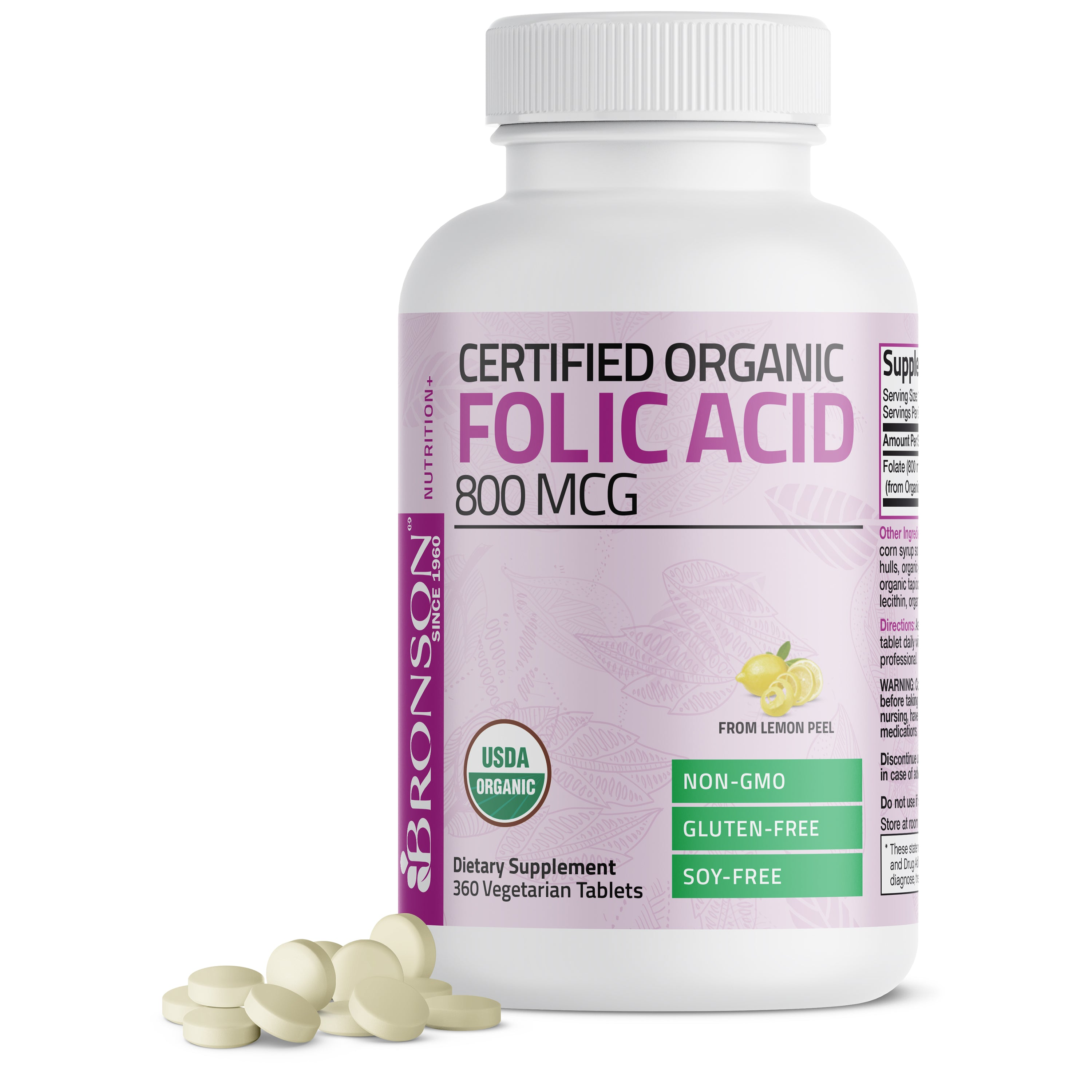 Bronson Vitamins Folic Acid (folate) Vegetarian Usda Certified Organic - 800 Mcg 180 Tabs thumbnail 2