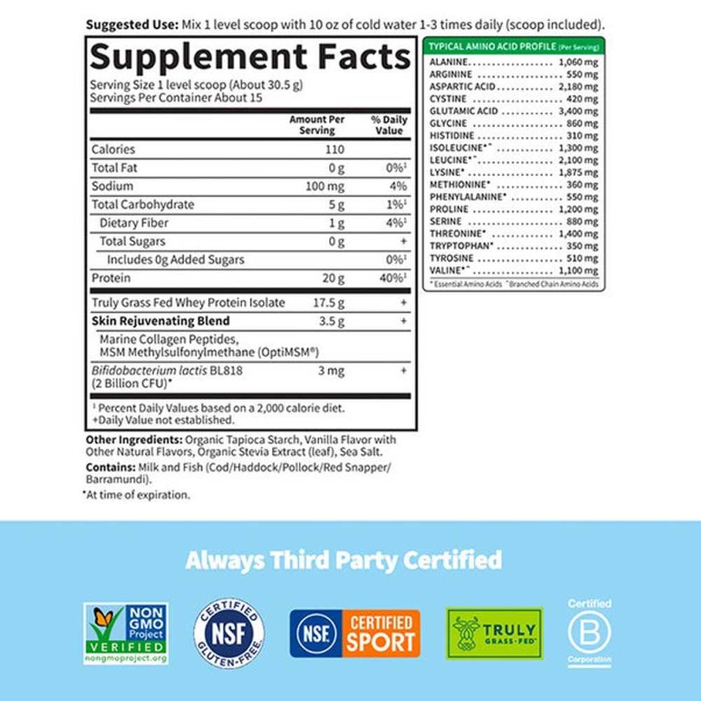 Garden of Life Sport Grass Fed Whey+ Skin Protein Powder - Vanilla 457g thumbnail 2