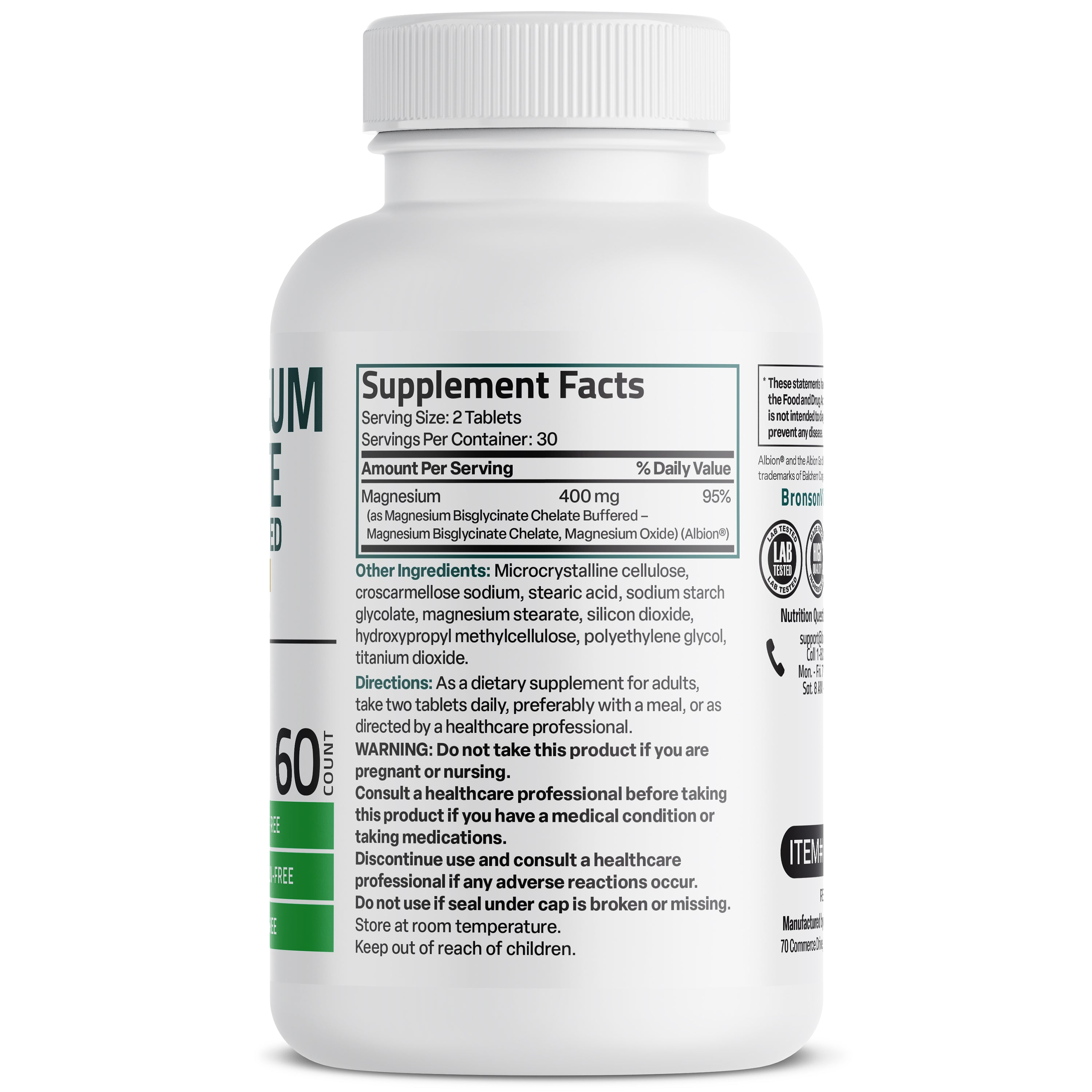 Bronson Vitamins Magnesium Glycinate Extra Strength 60 Tabs thumbnail 3