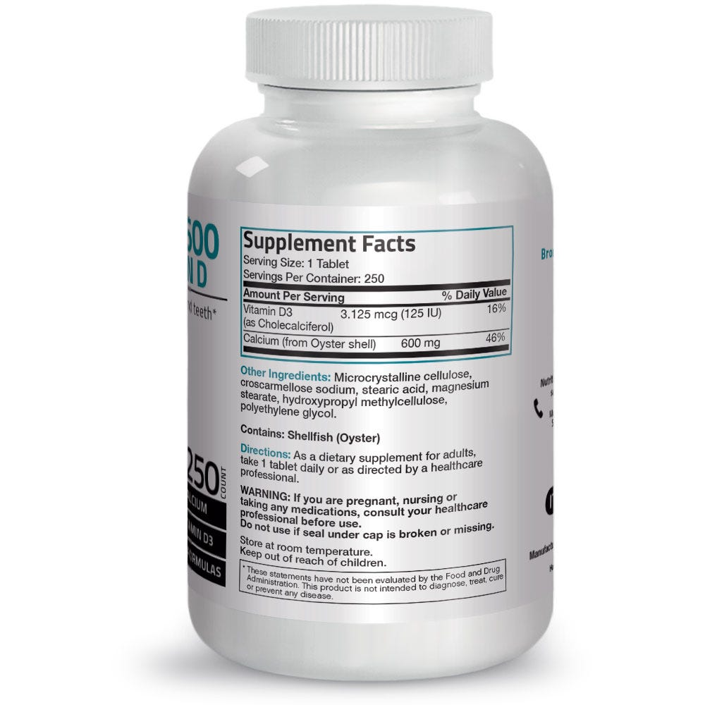 Bronson Vitamins Calcium with Vitamin D - 600 Mg - 250 Tablets thumbnail 2