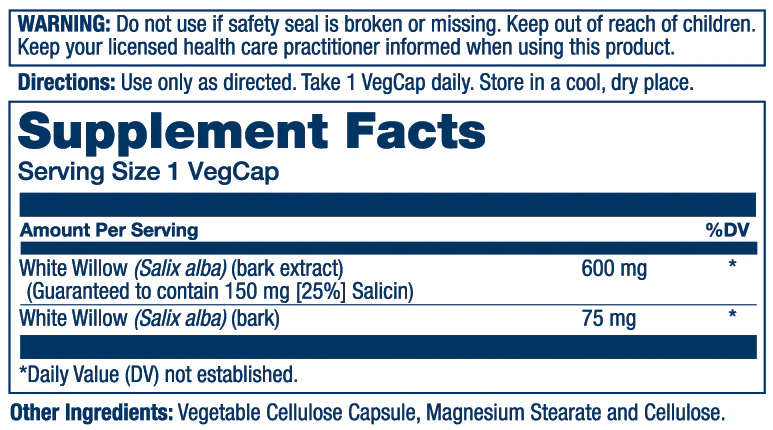 Solaray White Willow Bark Extract 600mg 60 Caps thumbnail 2