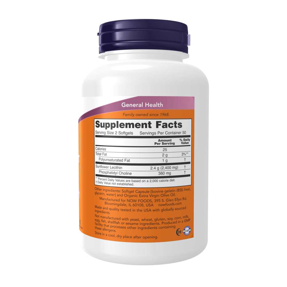 Now Foods Sunflower Lecithin 1200 Mg – Soy-Free Nervous System Support with Phosphatidyl Choline – 100 Softgels thumbnail 2