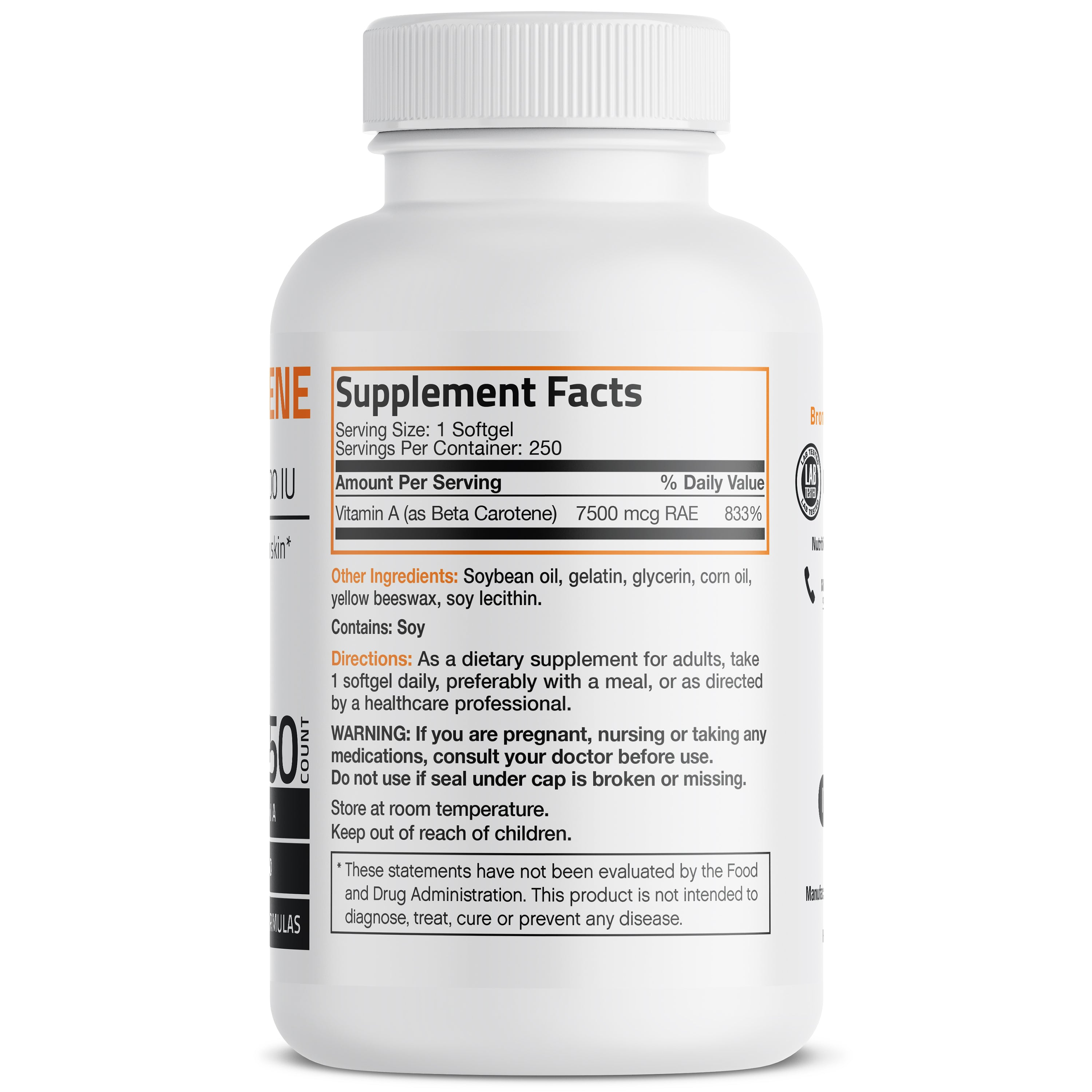 Bronson Vitamins Vitamin a Beta Carotene -7,500 Mcg (25,000 Iu), 250 Softgels thumbnail 2