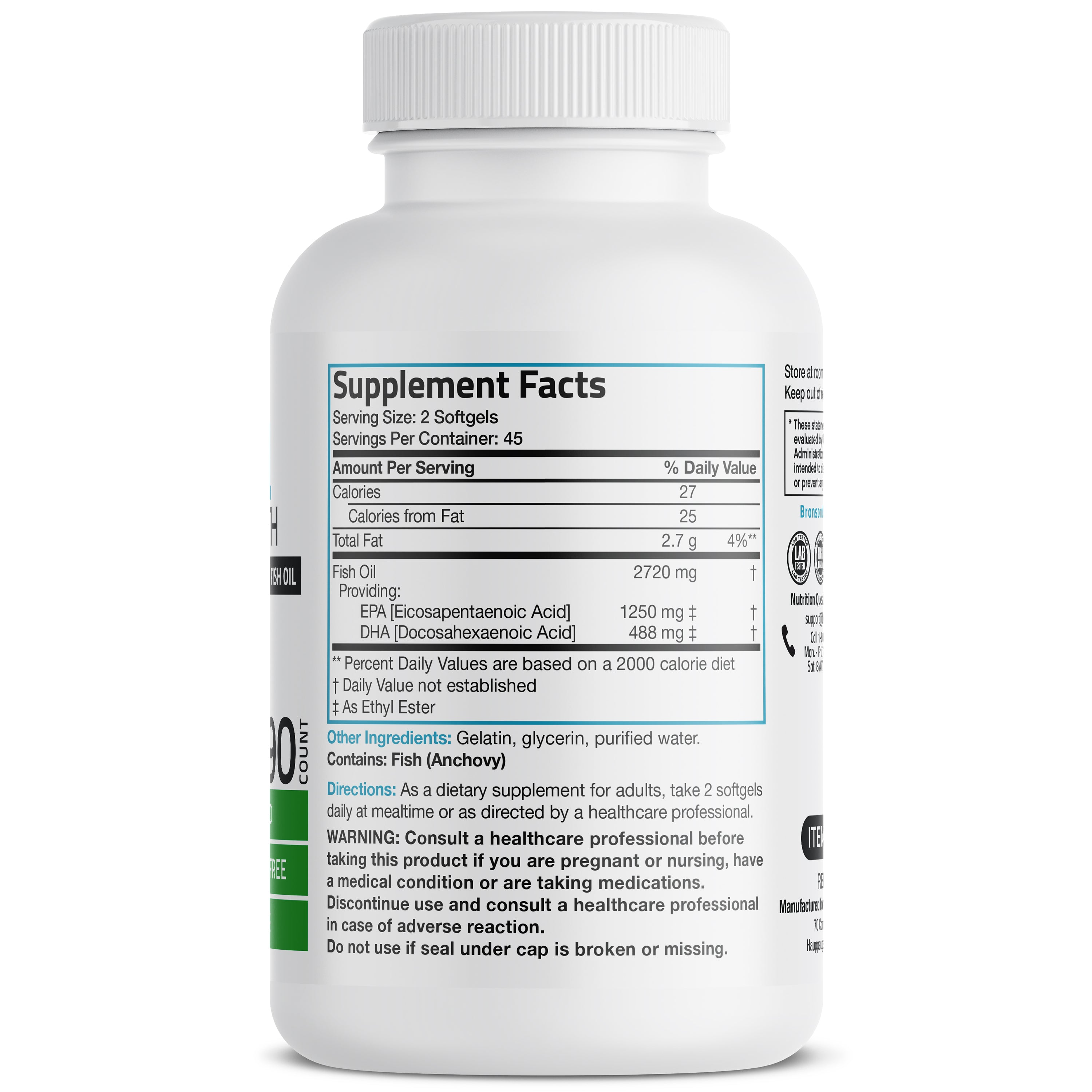 Bronson Vitamins Omega-3 Fish Oil Epa Dha Triple Strength - 2,720 Mg 90 Softgels thumbnail 2