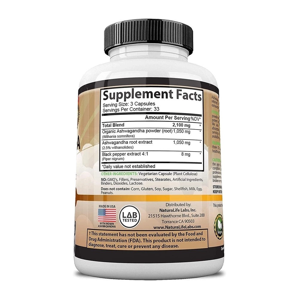 Naturalife Labs Ashwagandha 2100mg with Black Pepper - Stress Relief & Mood Enhancer thumbnail 3