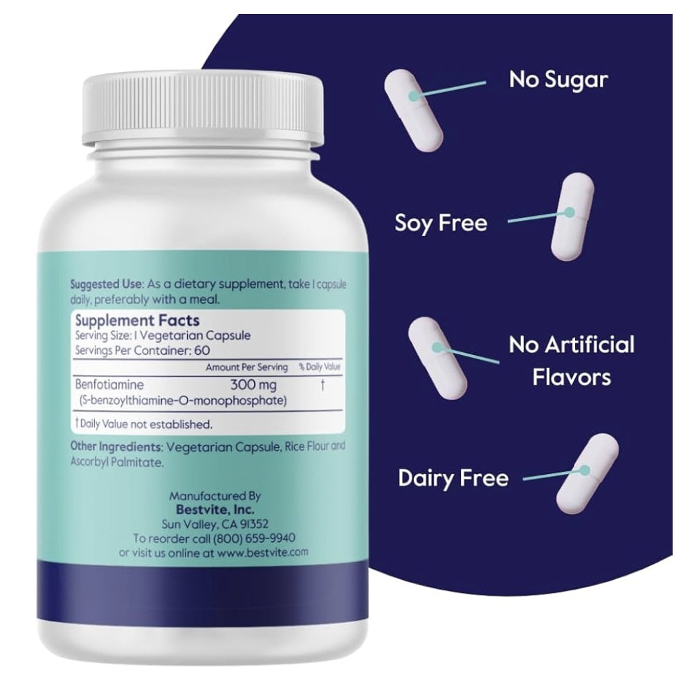 BestVite Benfotiamine – Lipid-Soluble Thiamine – 300mg – 60 Vegetarian Capsules thumbnail 4