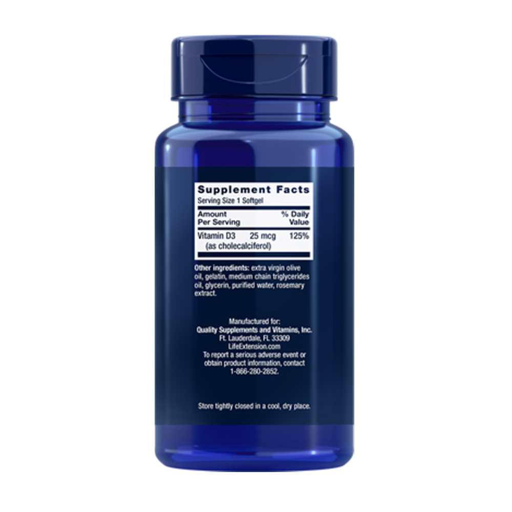 Life Extension Vitamin D3 25 mcg (1000 IU), 250 softgels thumbnail 3