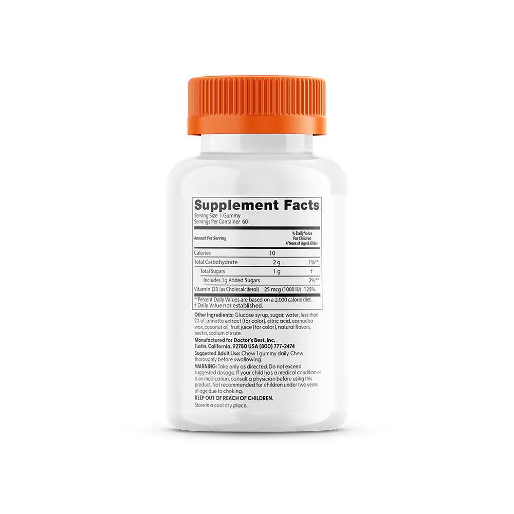 Doctor's Best Doc's Kids, Vitamin D3 Gummies, All Natural Fruit, 25 Mcg (1,000 Iu), 60 Natural Fruit Pectin Gummies thumbnail 2